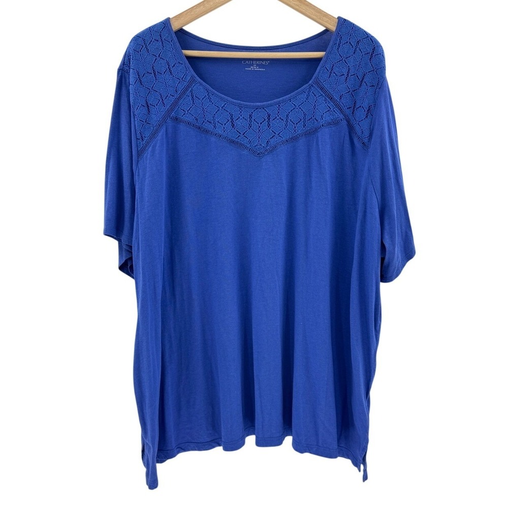 Catherines Royal Blue Crochet Lace Yoke Short Sleeve Top 3X 26/28W Cotton Modal